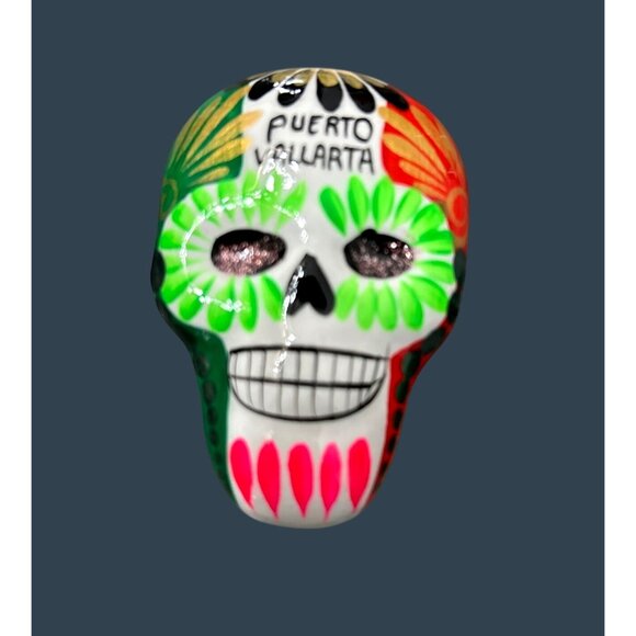 Hand-Painted Puerto Vallarta Skull Magnet 3" - Picture 1 of 5